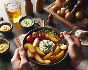 Una persona comiendo patatas con salsa alioli